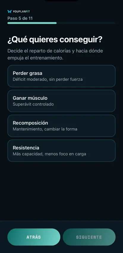 Captura real del diagnóstico en la app YouPlanFit: paso de prioridad de entrenamiento.