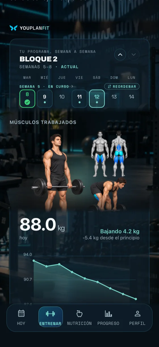 Captura real de la app YouPlanFit: tu plan de la semana listo, con las 12 semanas del programa y tus números de partida.