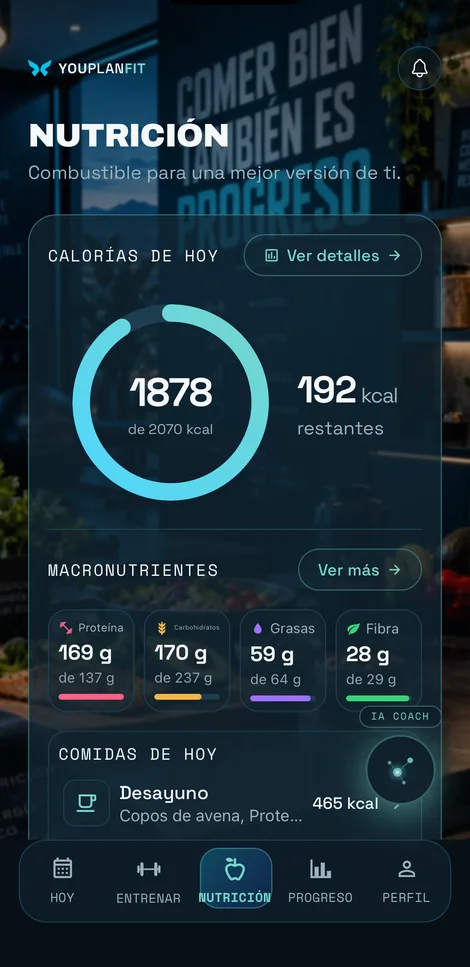 Captura real de la pestaña Nutrición con PRO: anillo de calorías del día y macros con su progreso.
