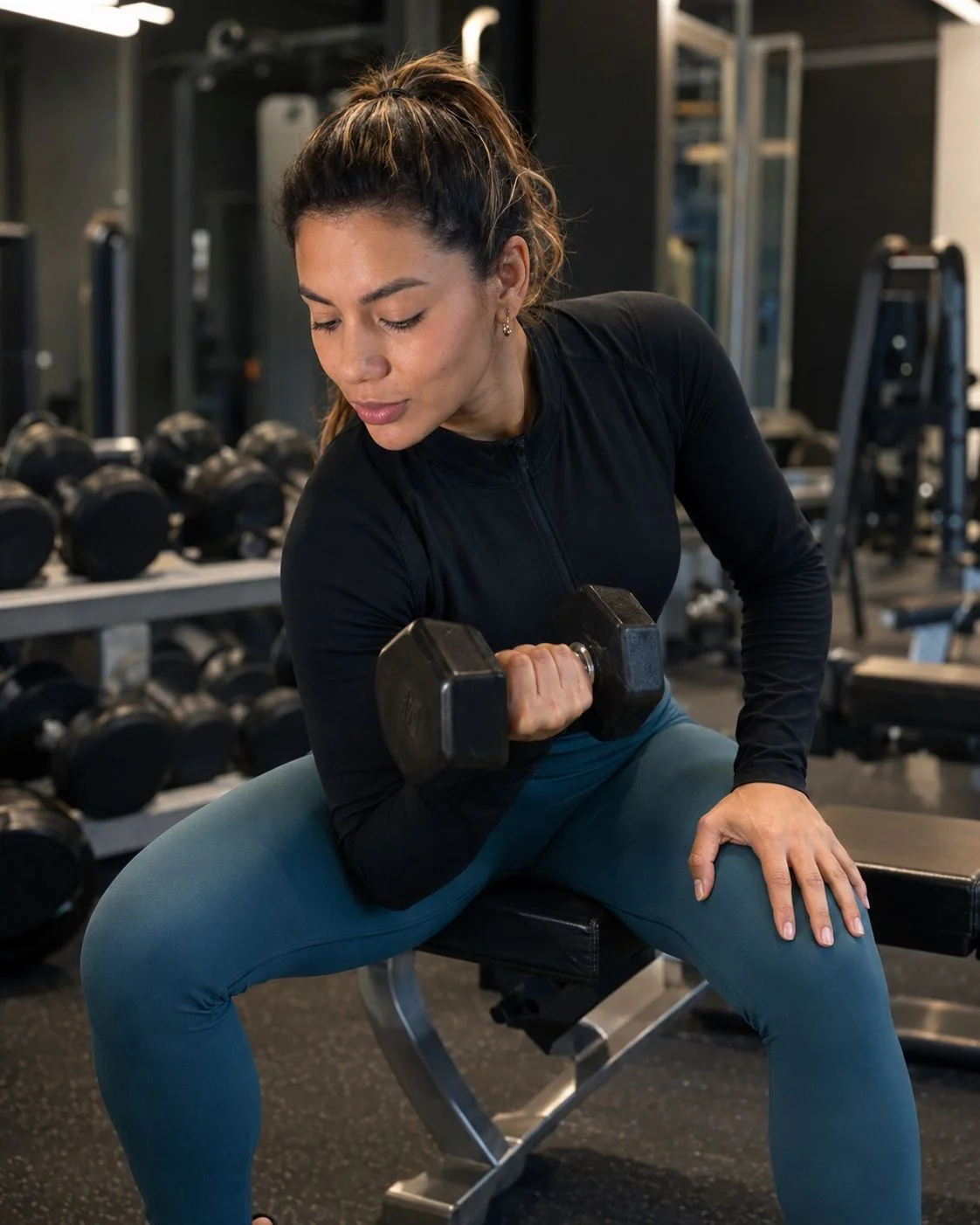 Mujer entrenando con polea en un gimnasio